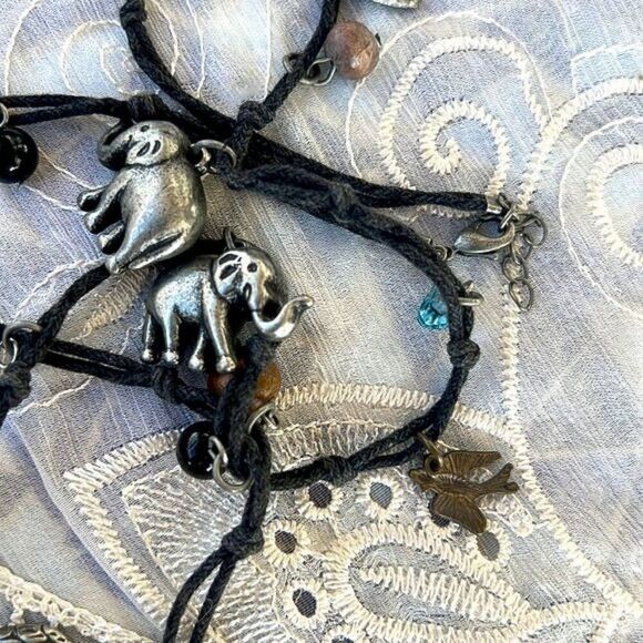 Charming Handmade Elephants & Birds Cord Necklace 30” - Picture 5 of 11